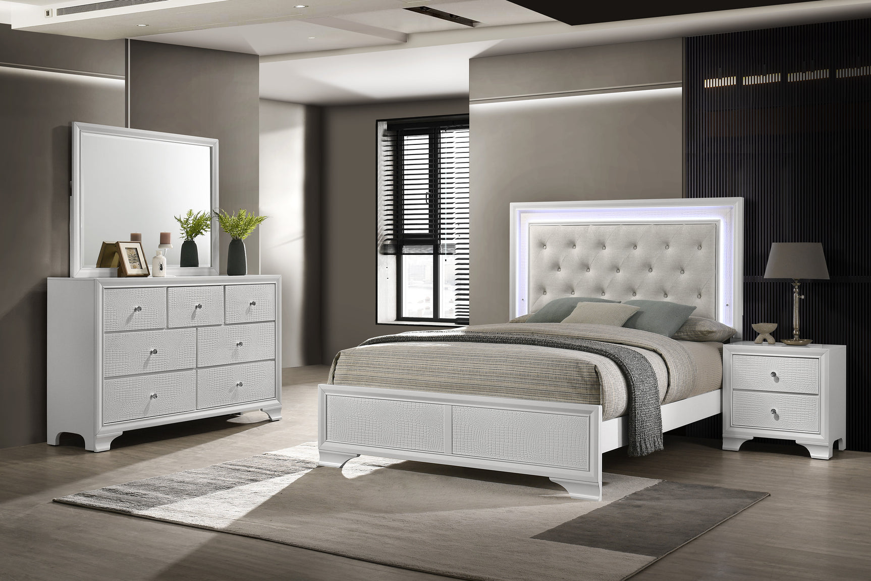 Lyssa Oat Frost LED Upholstered Tufted Panel Queen Bed