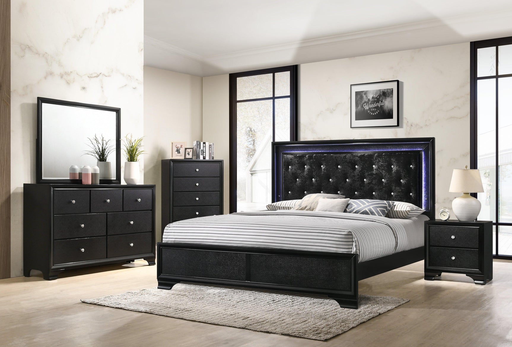 Micah Black Modern Contemporary LED Velvet Upholstered Tufted Twin Panel Bed - Ella Furniture