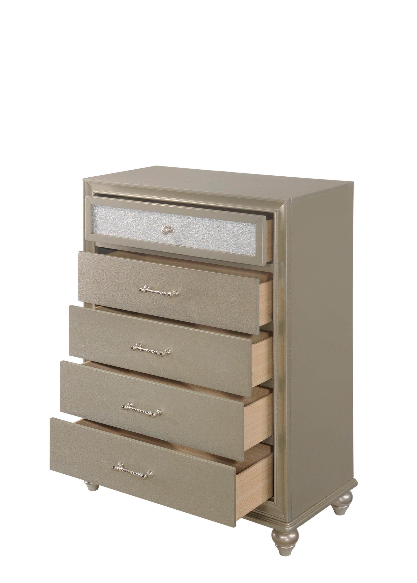 Lila Chest Champagne, Modern Faux Finish, Nickel And Metal 5 Drawers - Ella Furniture