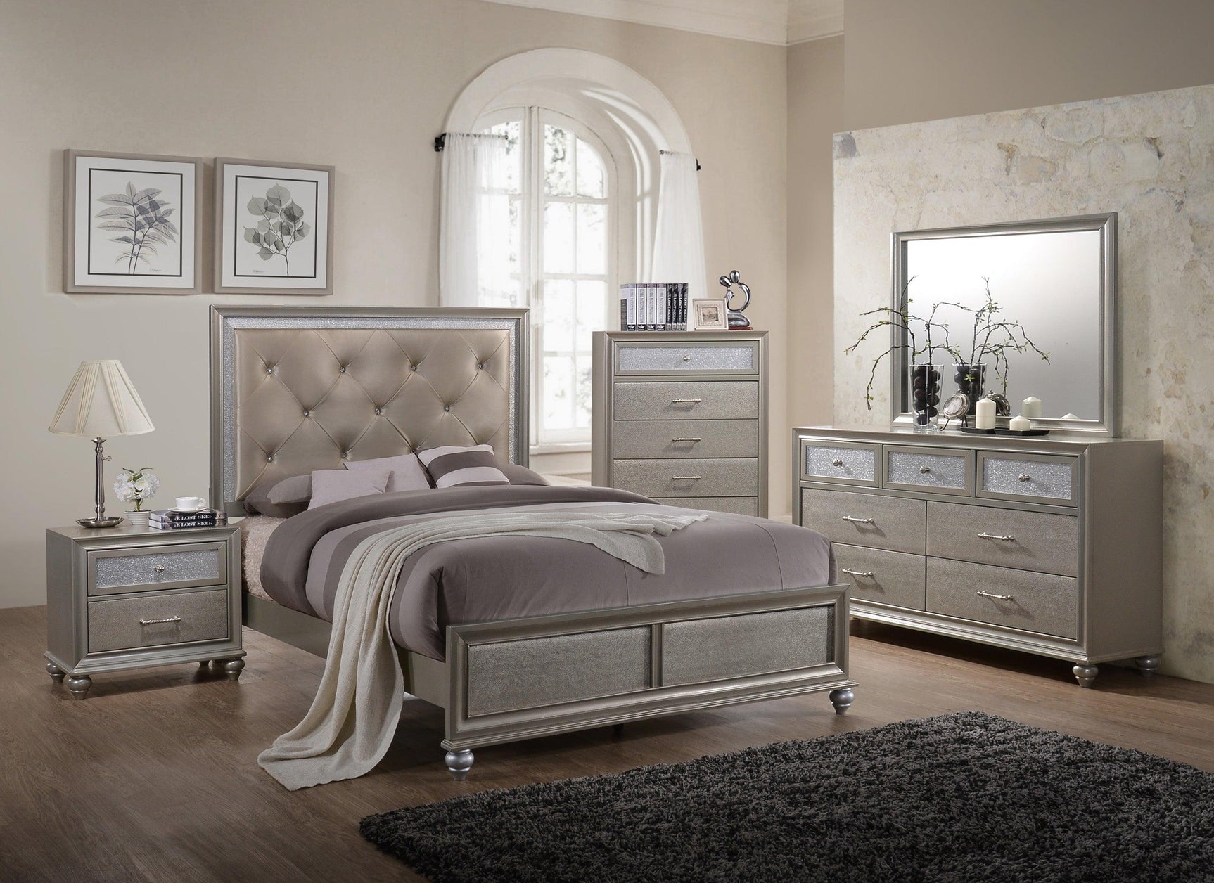 Lila Champagne Modern Faux Leather Upholstered Panel Bedroom Set - Ella Furniture
