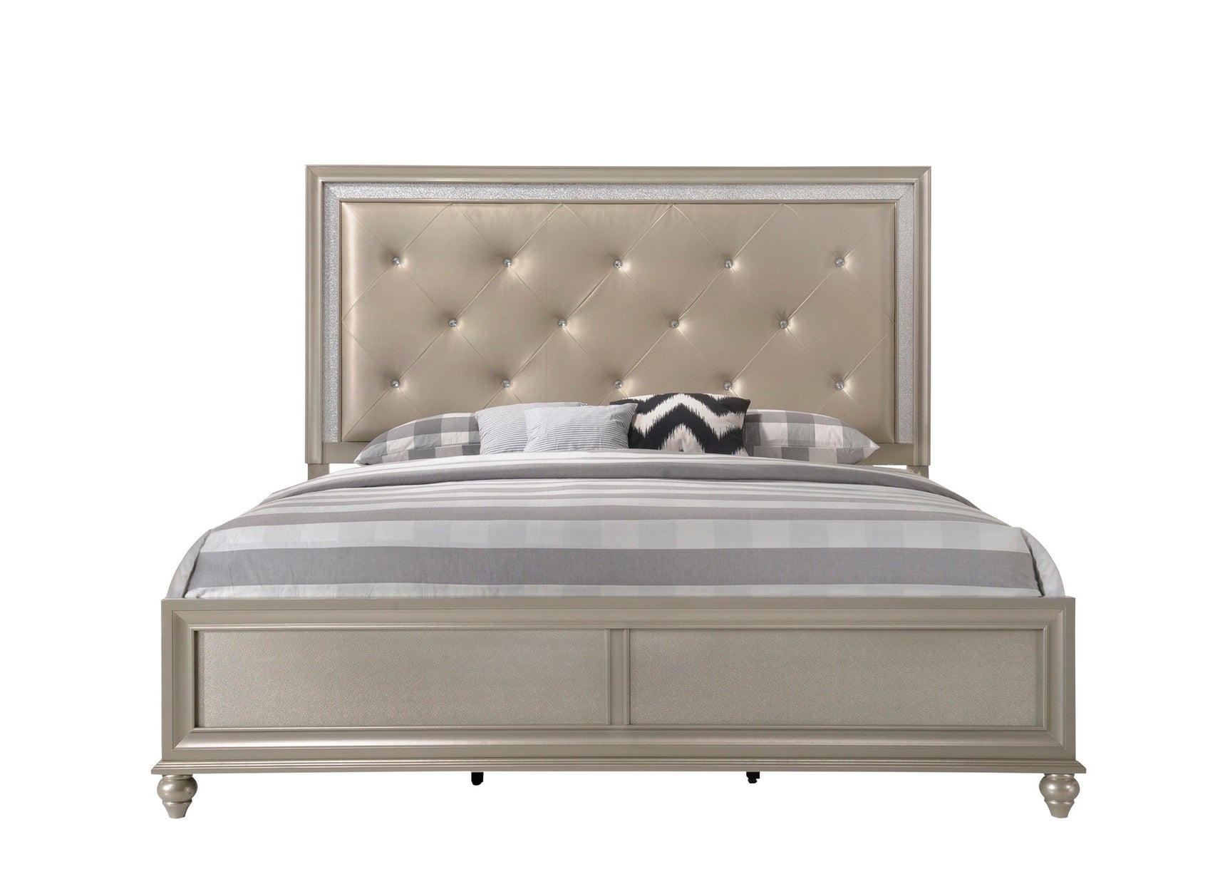 Lila Champagne Modern Metal And Wood Twin Faux Leather Upholstered Tufted Panel Bed - Ella Furniture