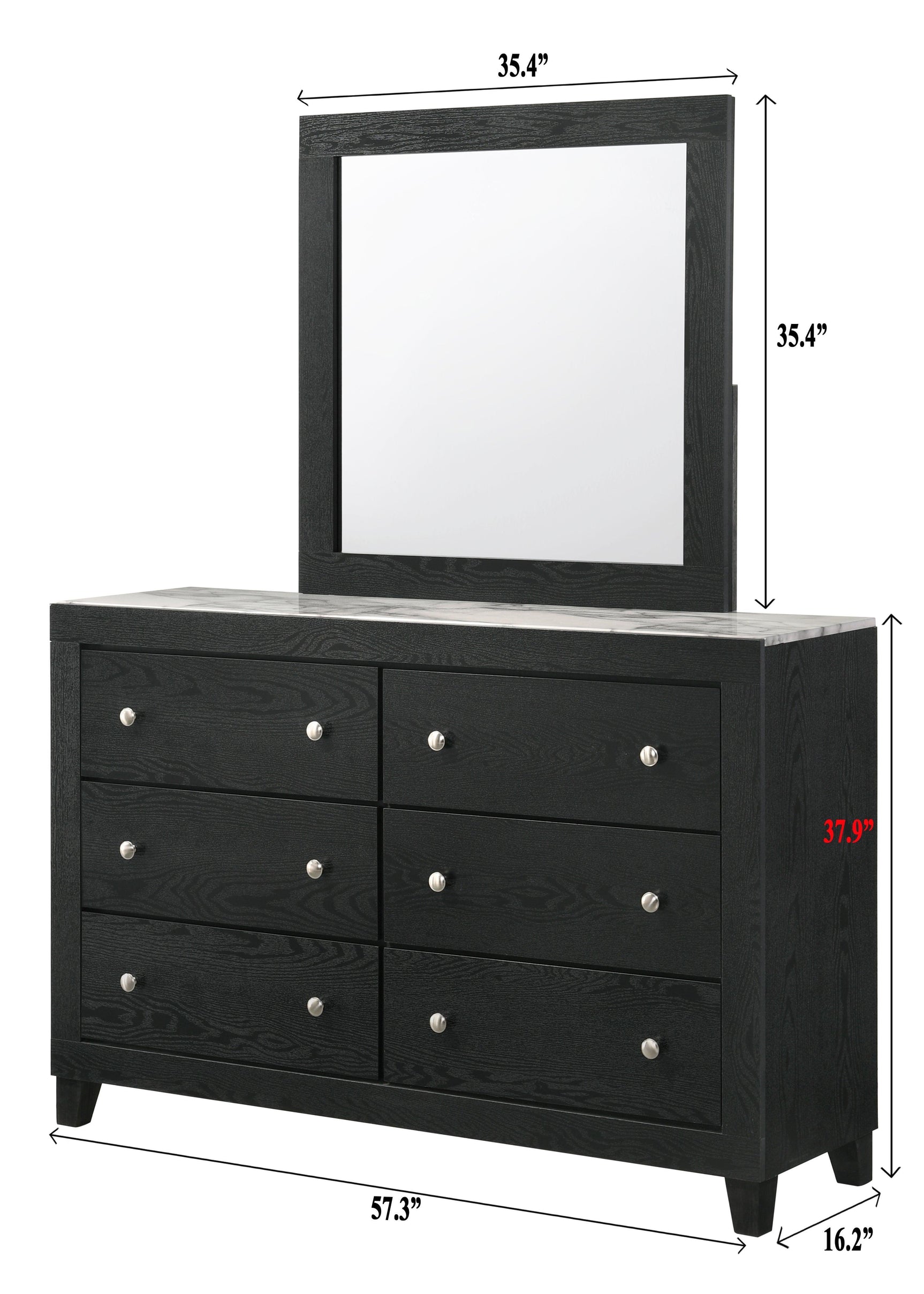 Cadence Dresser Black, Sleek And Modern Wood, Nickel Knob 6 Drawers - Ella Furniture