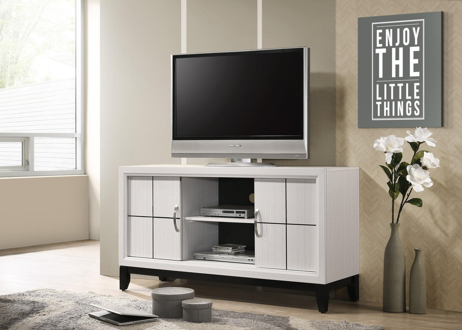 Akerson Chalk Tv Stand Drift Wood, Driftwood Entertainment Console With Metal Legs With Storage Doors for Living Room - Ella Furniture