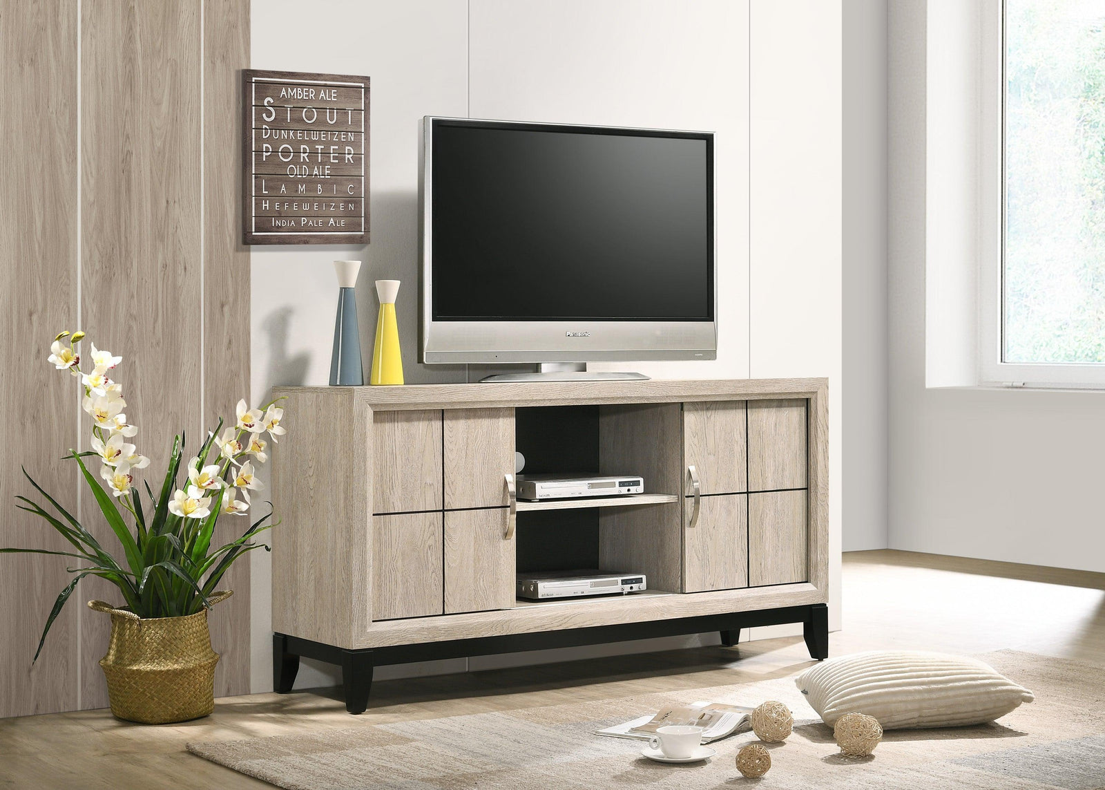 Akerson Cream Tv Stand Drift Wood, Driftwood Entertainment Console With Metal Legs With Storage Doors for Living Room - Ella Furniture