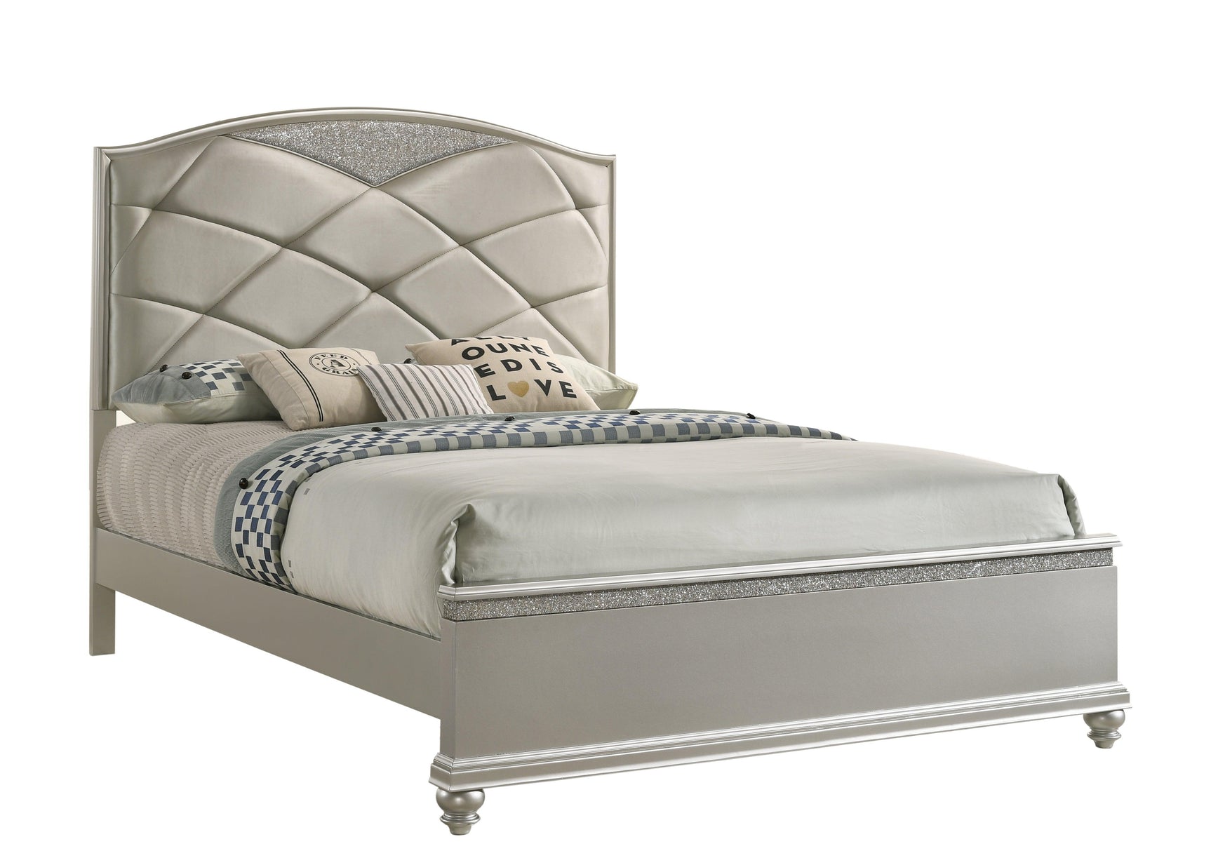 Valiant Champagne Silver Modern Wood King Faux Leather Upholstered Panel Bed - Ella Furniture