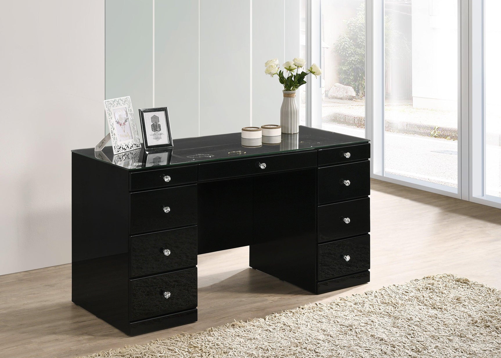 Avery Black Contemporary Sleek Veneers With Knob Vanity - Ella Furniture