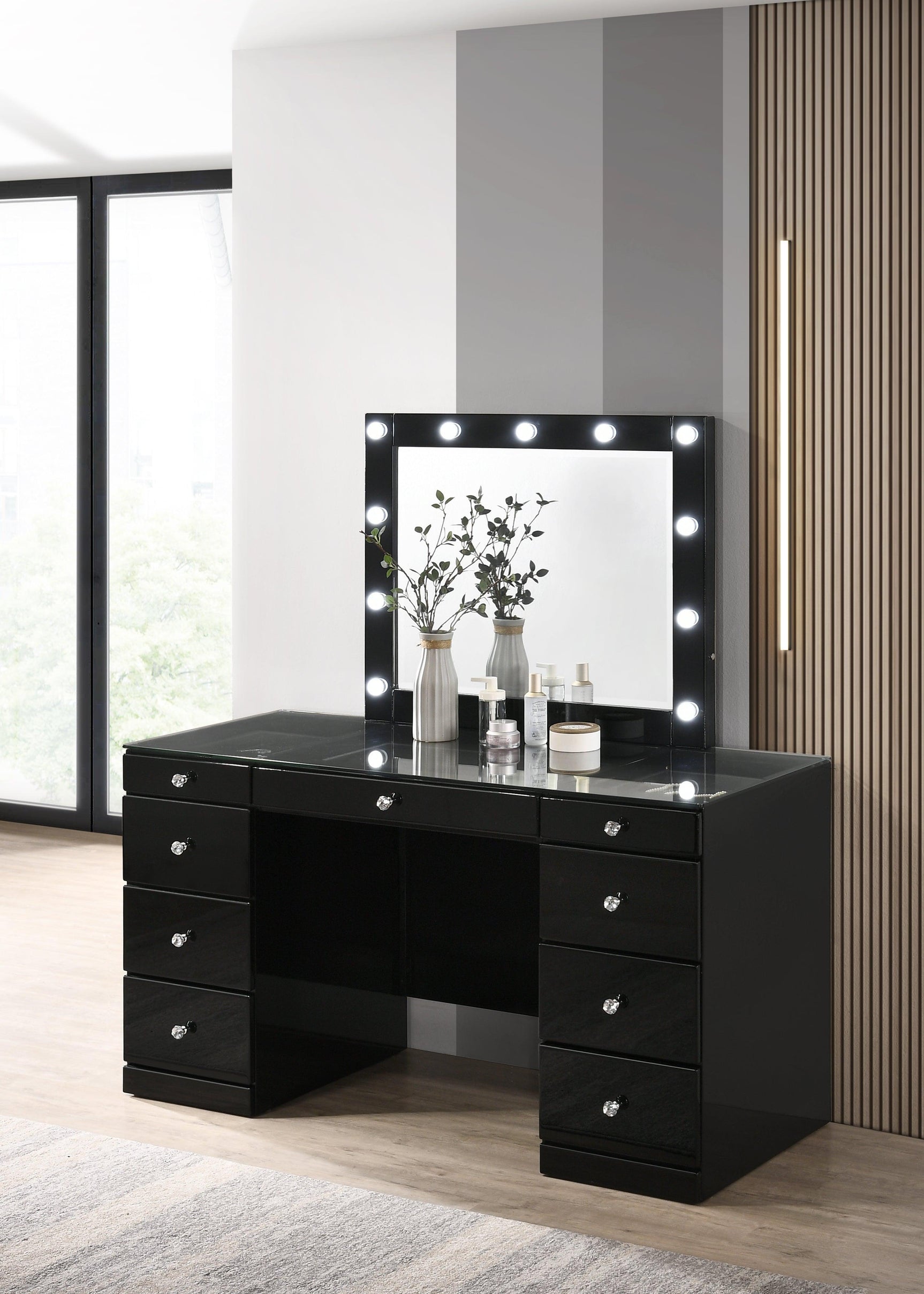 Avery Black Contemporary Sleek Veneers With Knob Vanity - Ella Furniture
