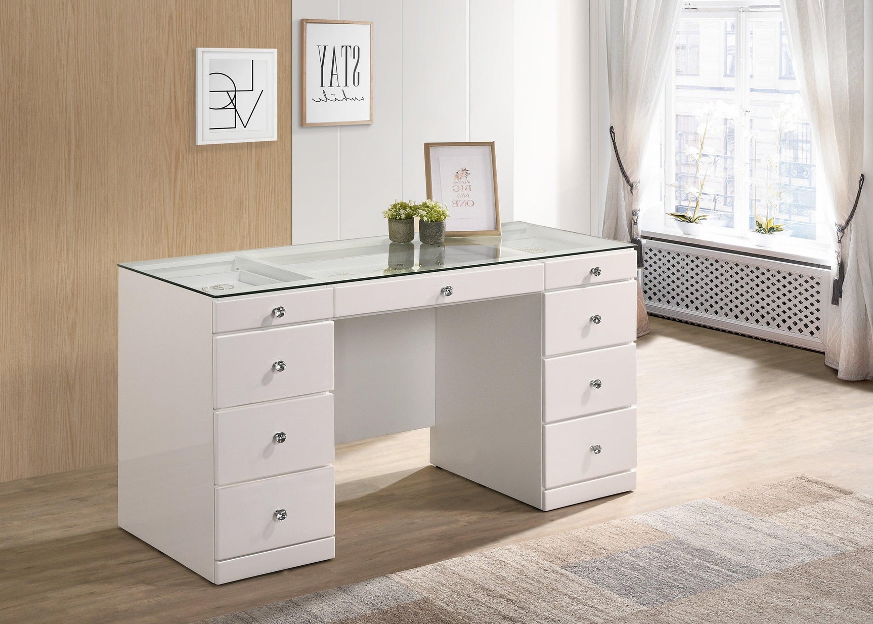 Avery White Contemporary Sleek Veneers With Knob Vanity - Ella Furniture
