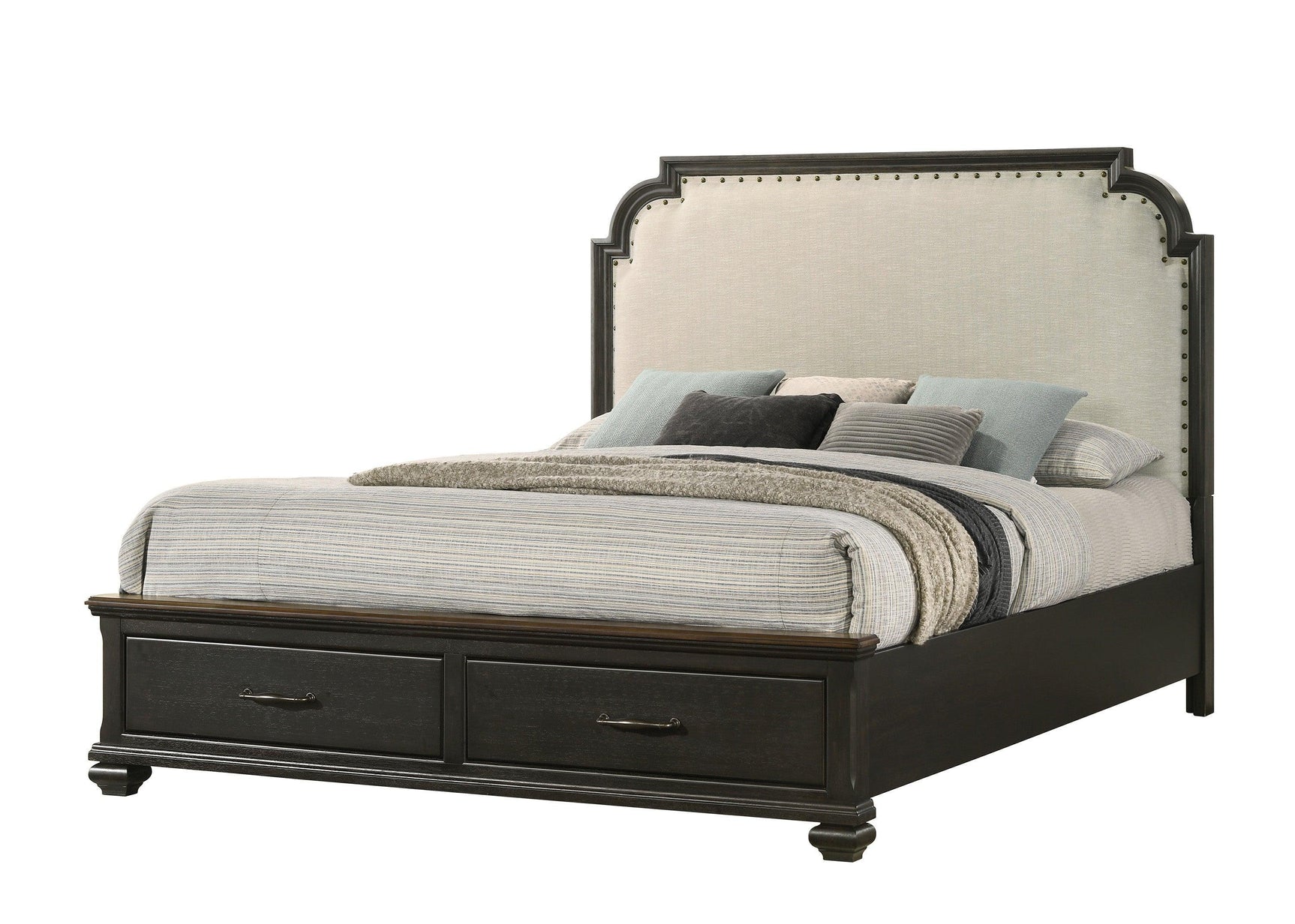 Hamilton Brown Modern Contemporary Solid Wood And Veneers Fabric Storage King Bed - Ella Furniture