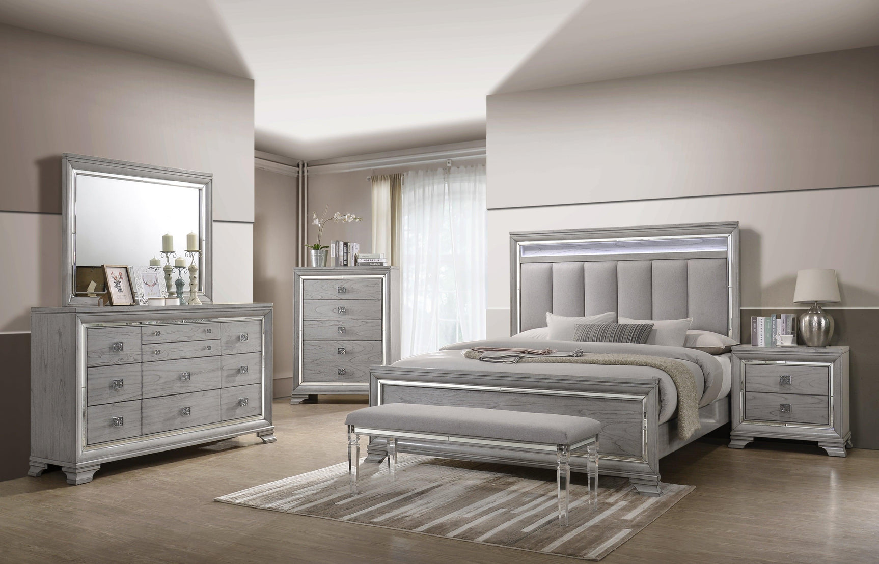 Vail Gray Finish Contemporary LED Upholstered Wood Panel Bedroom Set - Ella Furniture