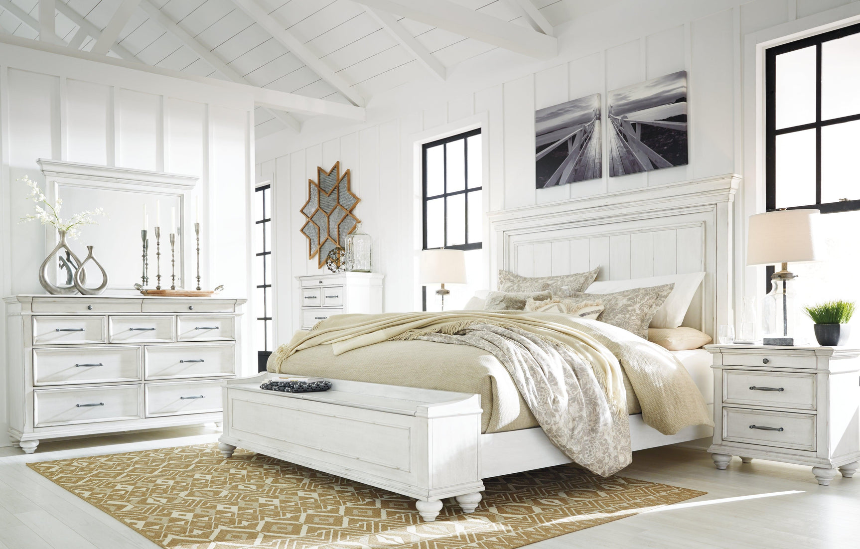 Kanwyn Whitewash King Panel Bed B777B8 - Ella Furniture