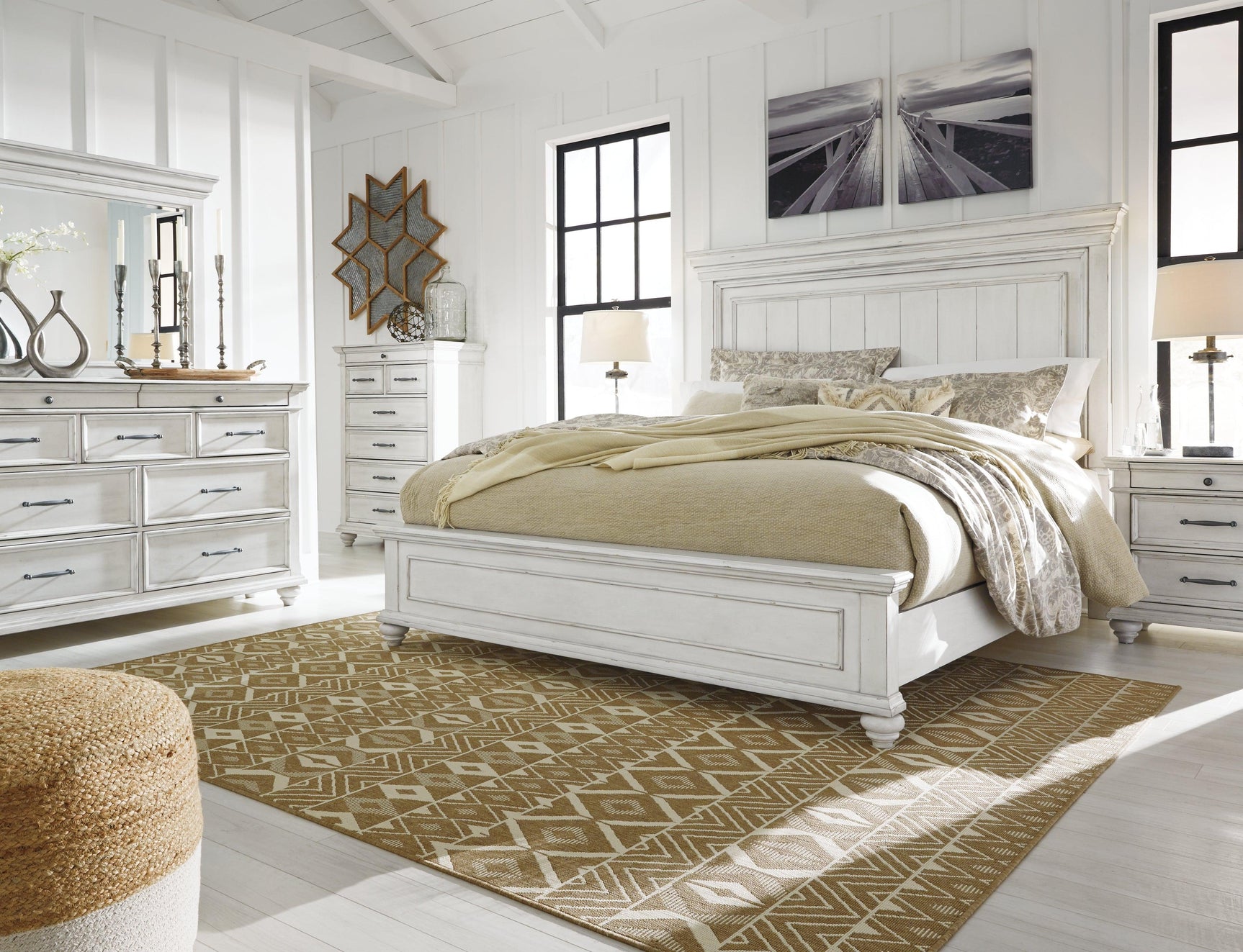 Kanwyn Whitewash King Panel Bed B777B8 - Ella Furniture
