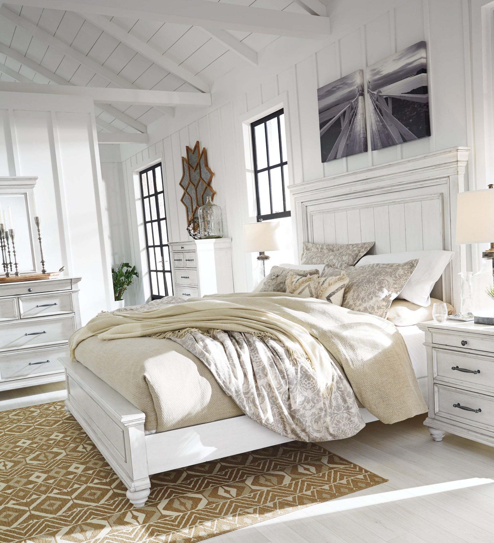 Kanwyn Whitewash King Panel Bed B777B8 - Ella Furniture