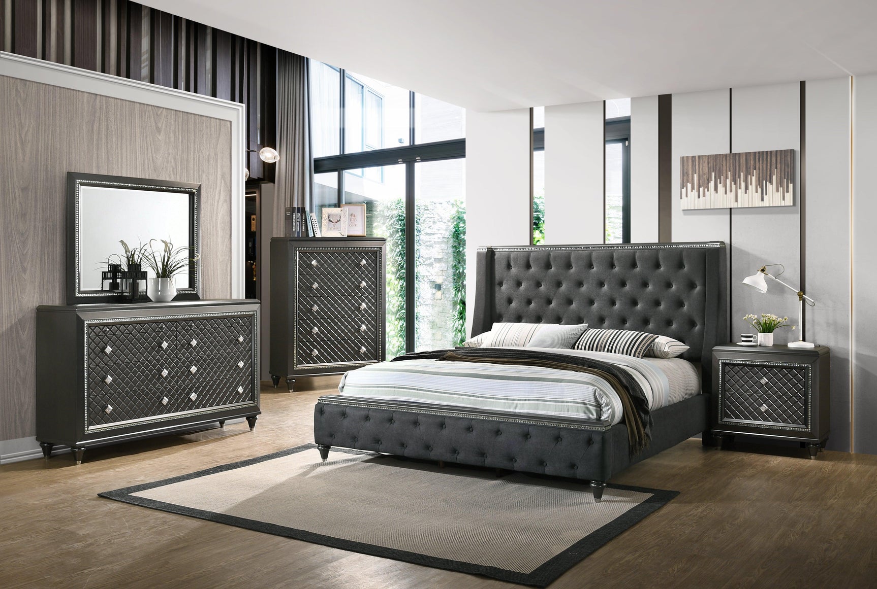 Giovani Gray Modern Contemporary Fabric Upholstered Tufted Panel Bedroom Set - Ella Furniture