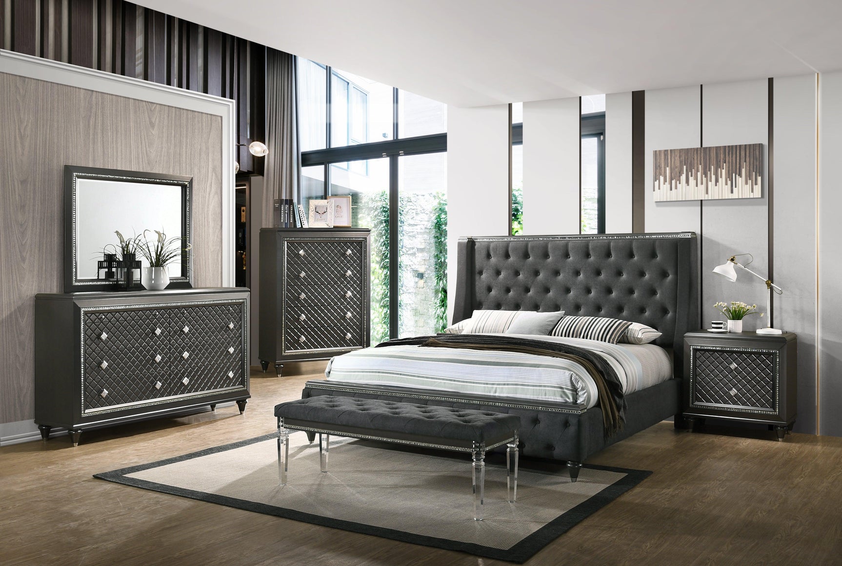 Giovani Chest Black/Gray, Contemporary Modern Faux, Crystal 5 Drawers - Ella Furniture