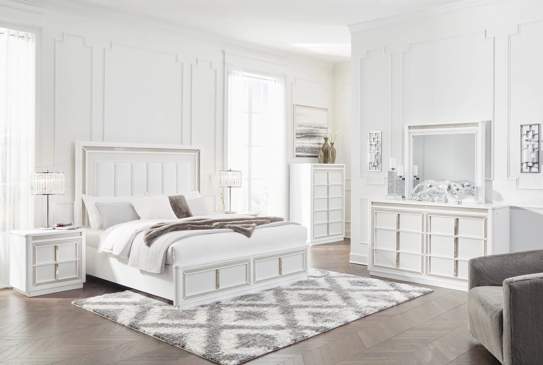 Chalanna White Upholstered Storage Platform Bedroom Set