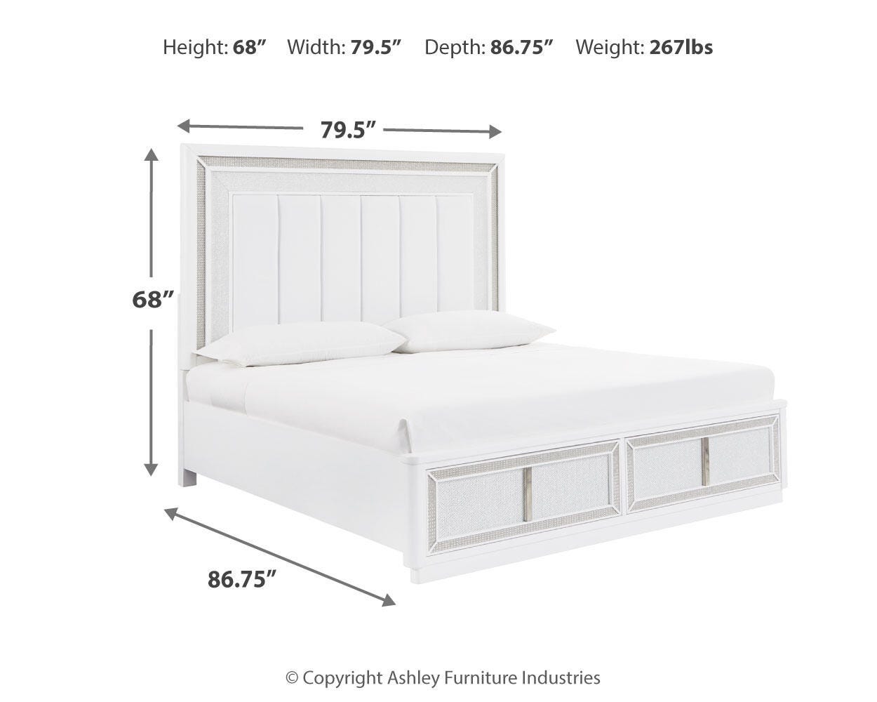 Chalanna White Upholstered Storage Bedroom Set dimension view
