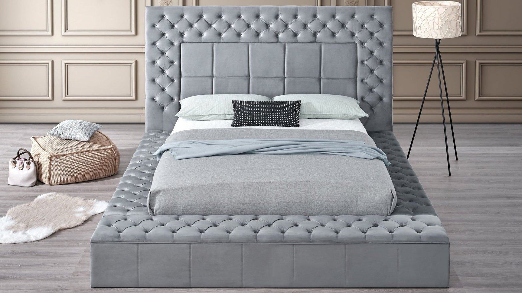Emerald Grey Upholstered Tufted Storage Panel Queen Bed