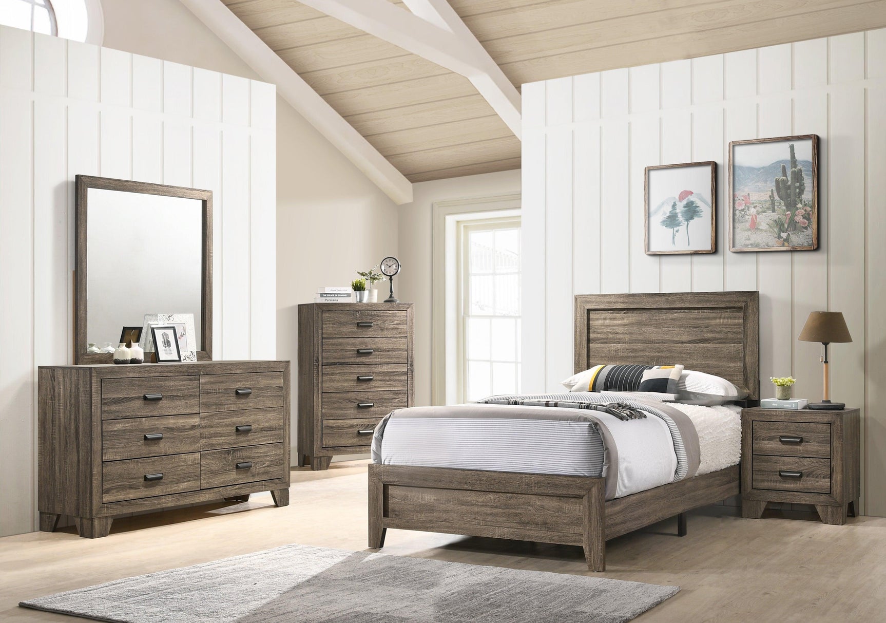 Millie Brown Finish Transitional Modern Wood Grain Queen Panel Bed - Ella Furniture