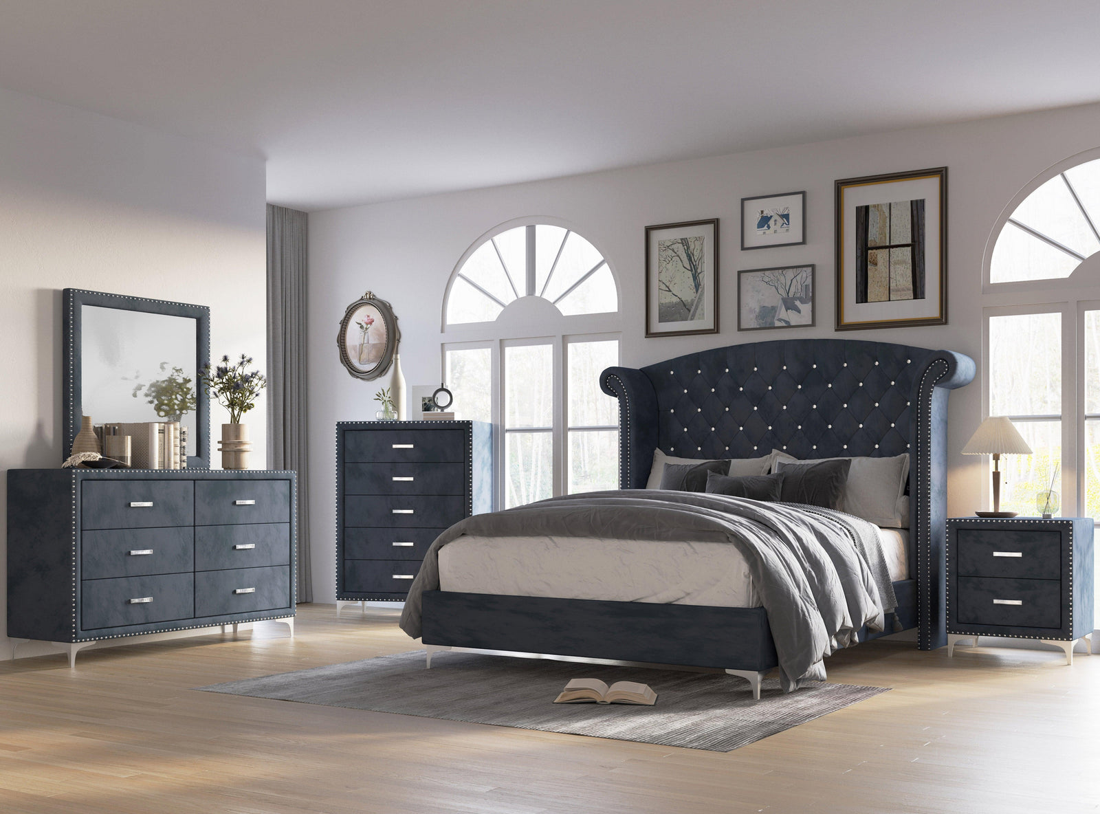 Lucinda Velvet Dark Gray Sleek And Modern Upholstered Tufted Panel Bedroom Set - Ella Furniture