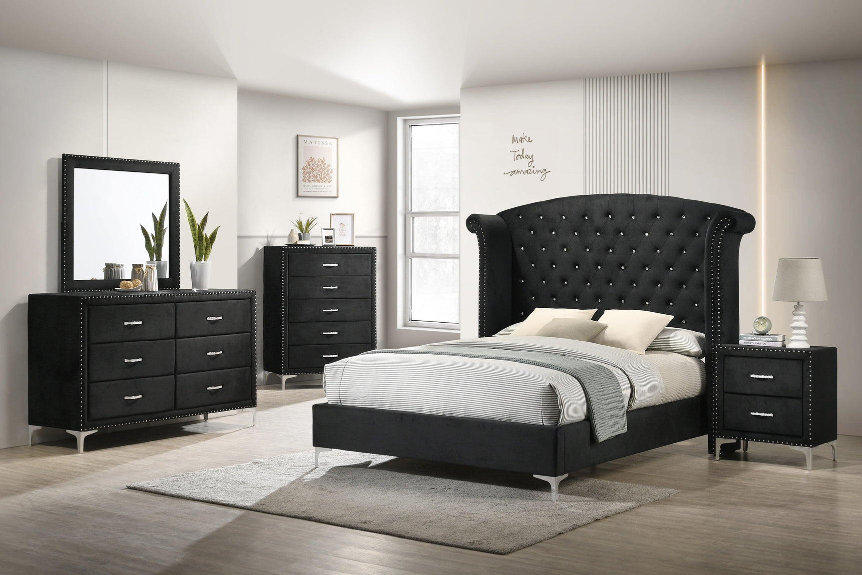Lucinda Black Velvet Wingback Sleek And Modern Upholstered Tufted Panel Bedroom Set - Ella Furniture