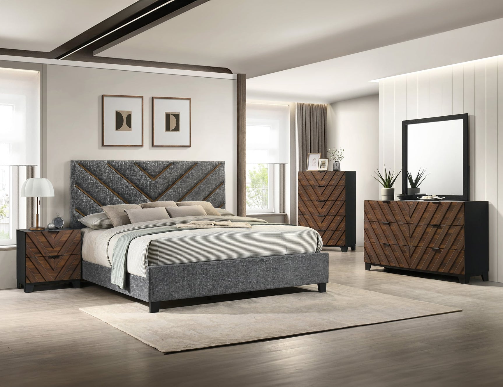 Zane Gray Upholstered Panel King Bed view 2