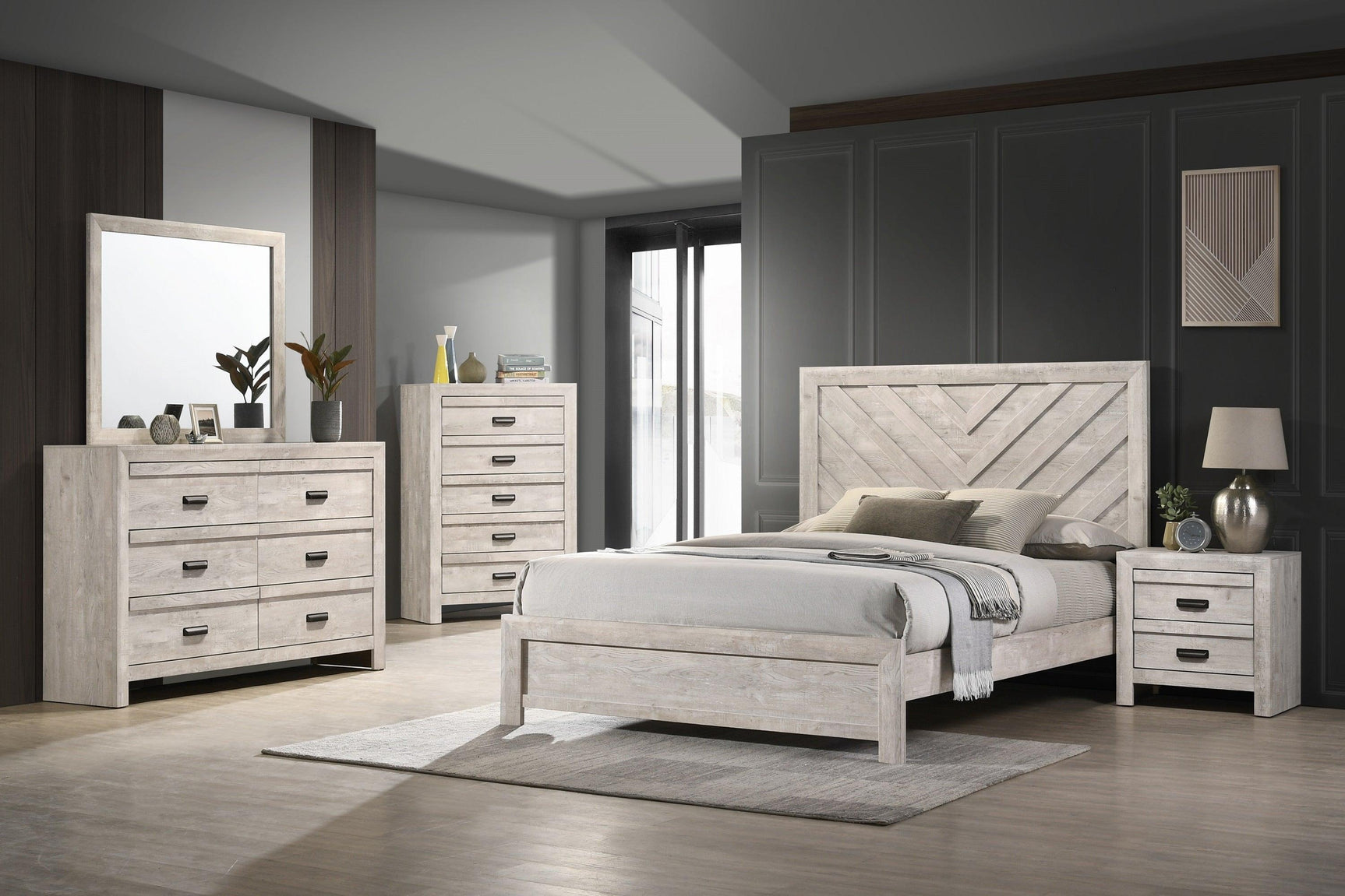 Valor Night Stand Cream, Rustic Modern Wood, 2 Metal Drawers - Ella Furniture