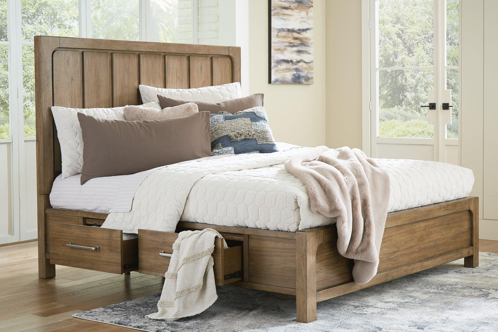 Cabalynn Light Brown Queen Panel Bed with Storage Drawers