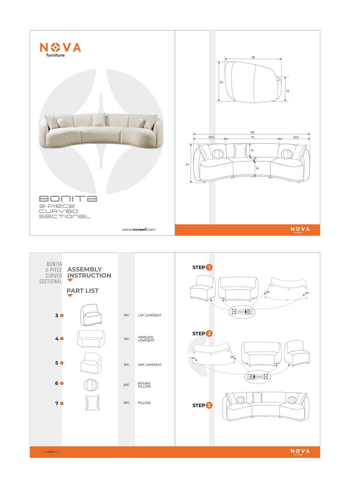 Emily Ivory Boucle 3-Piece Curved 138" Sectional