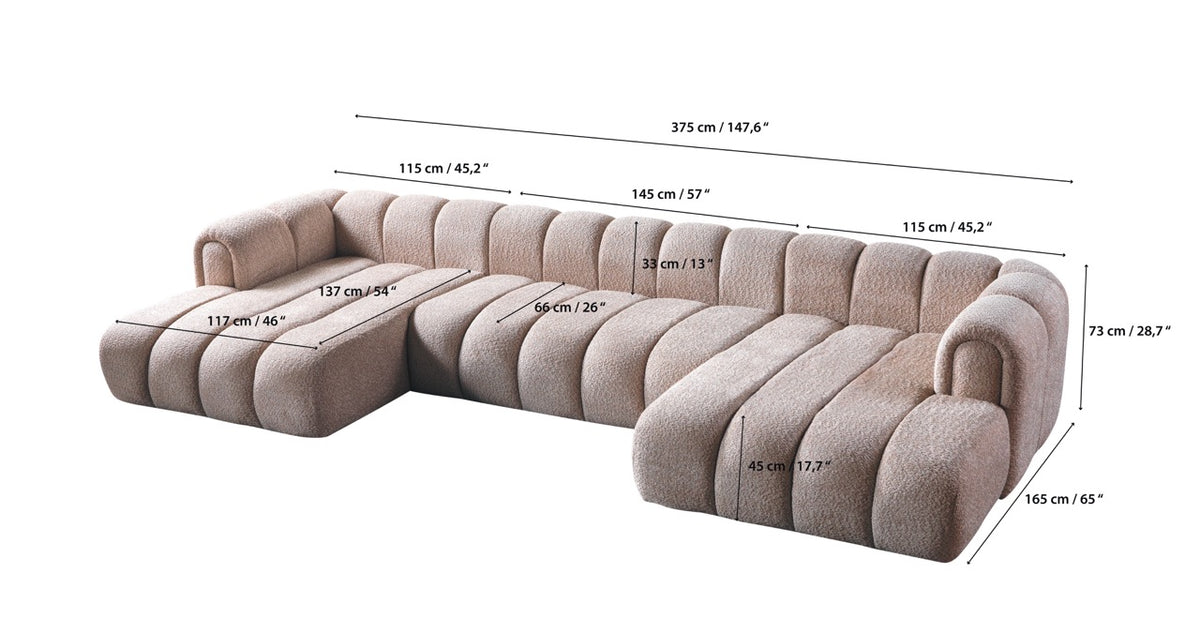 Lis Sand Boucle Double Chaise 147" Sectional dimension view