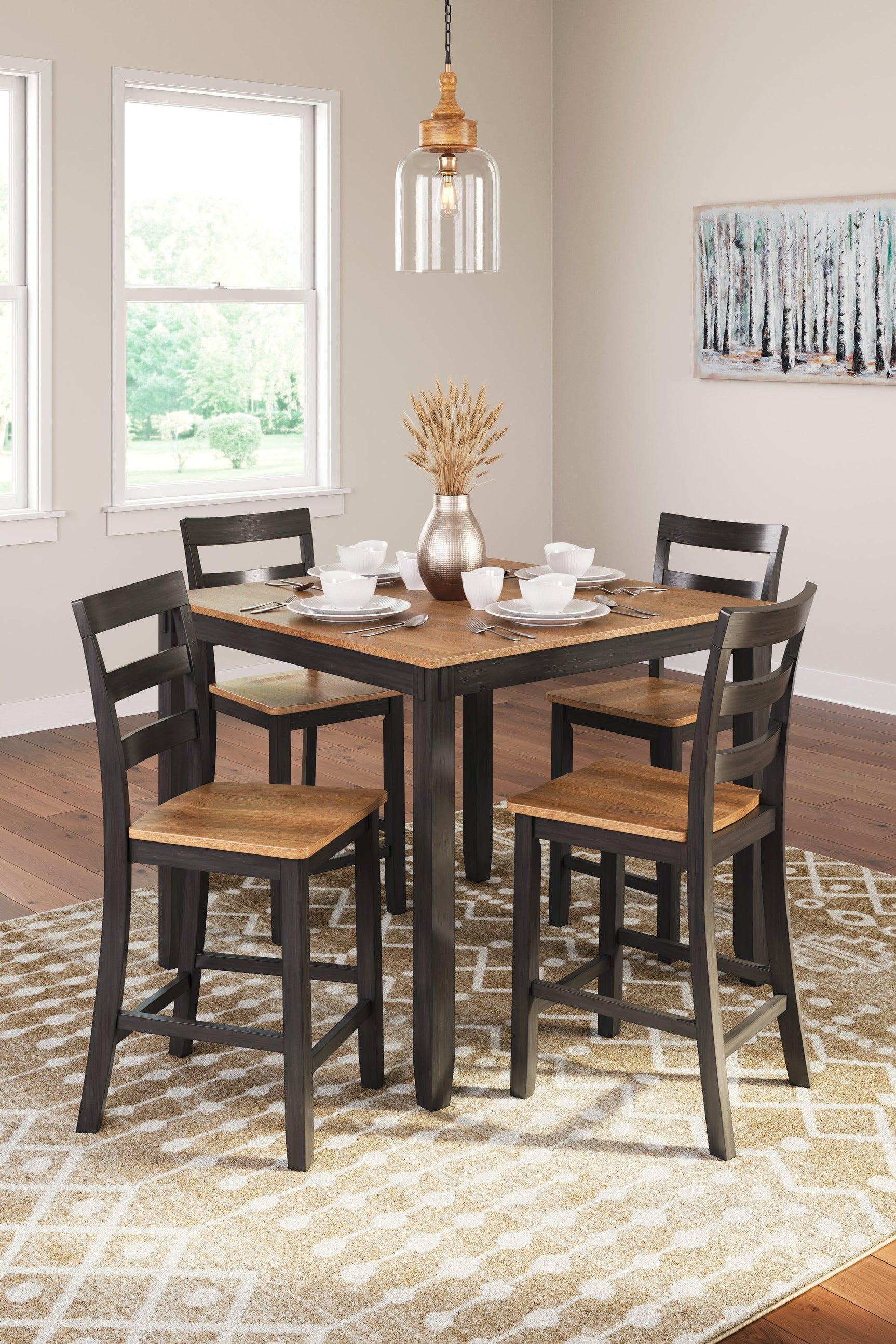 Gesthaven Natural Brown Counter Height Dining Table with 4 Ladderback Barstools