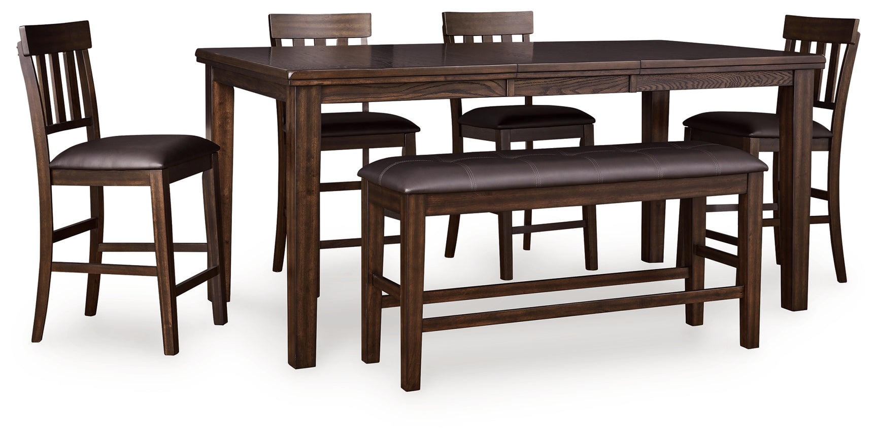Haddigan Dark Brown Counter Height Dining Table and 4 Barstools and Bench