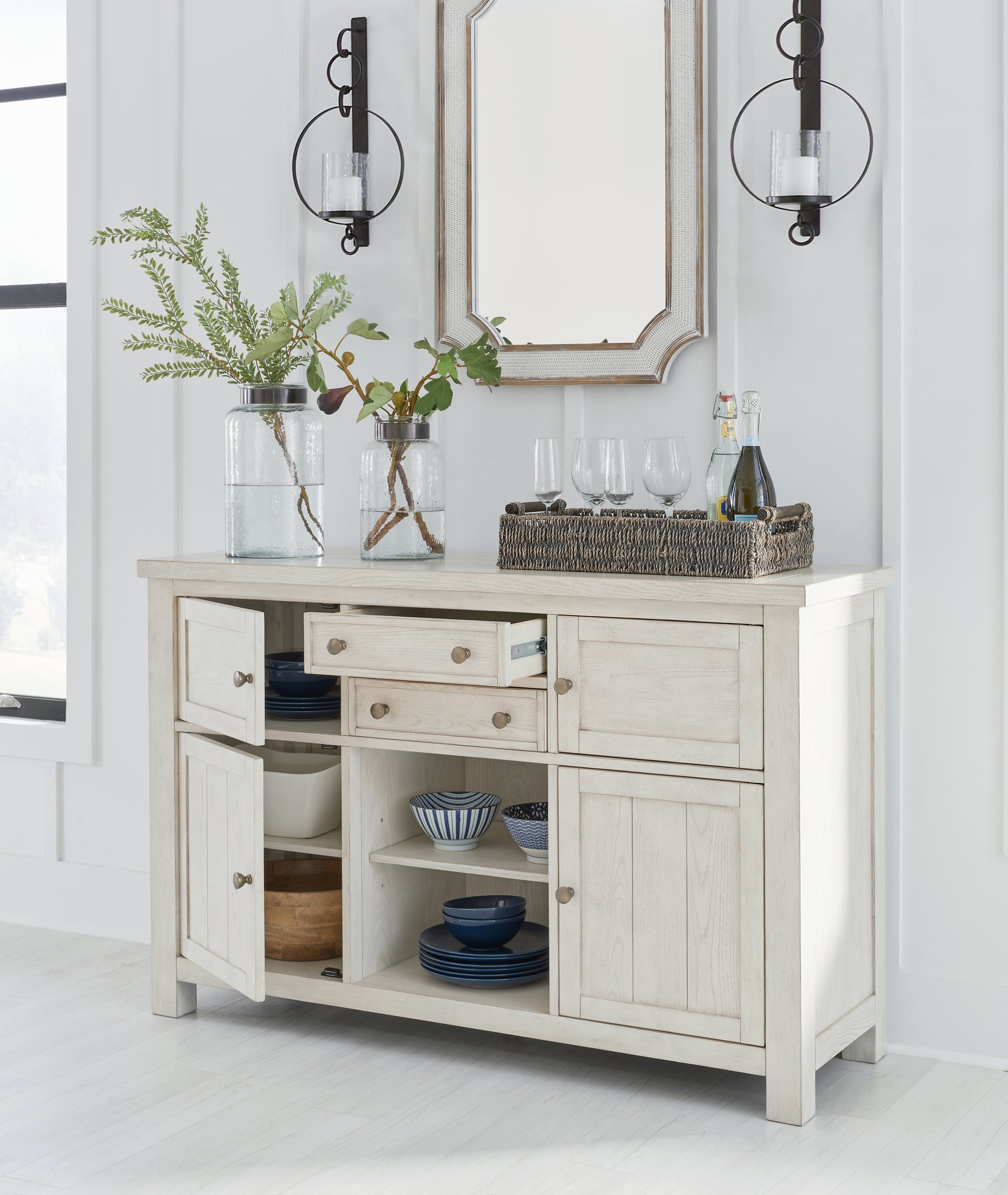 Robbinsdale Antique White Counter Height Dining Table and 6 Barstools and Bench with Storage