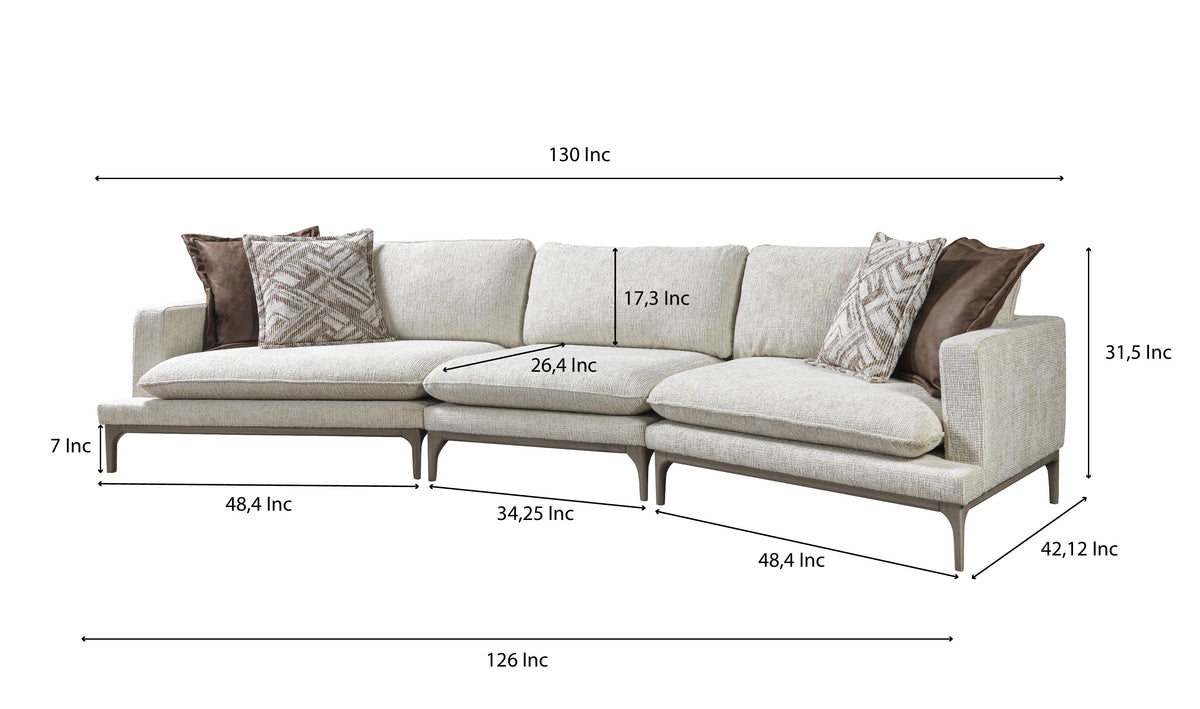 Alexis Ivory Linen 3-Piece Curved 126" Sectional with Ottoman
