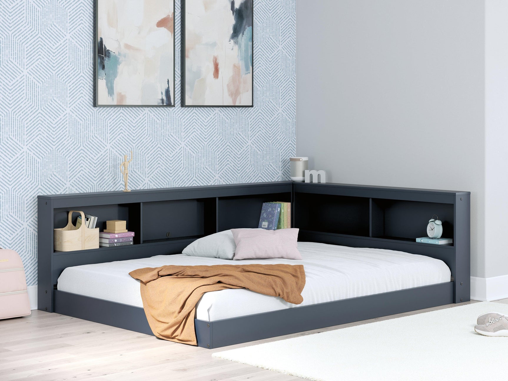 Simmenfort Navy Blue Full Bookcase Storage Bed