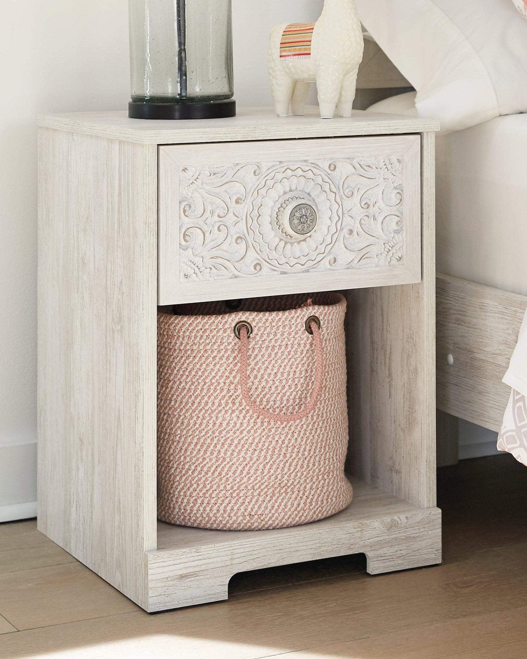 Paxberry Whitewash Two-Drawer Nightstand with USB Charging Ports