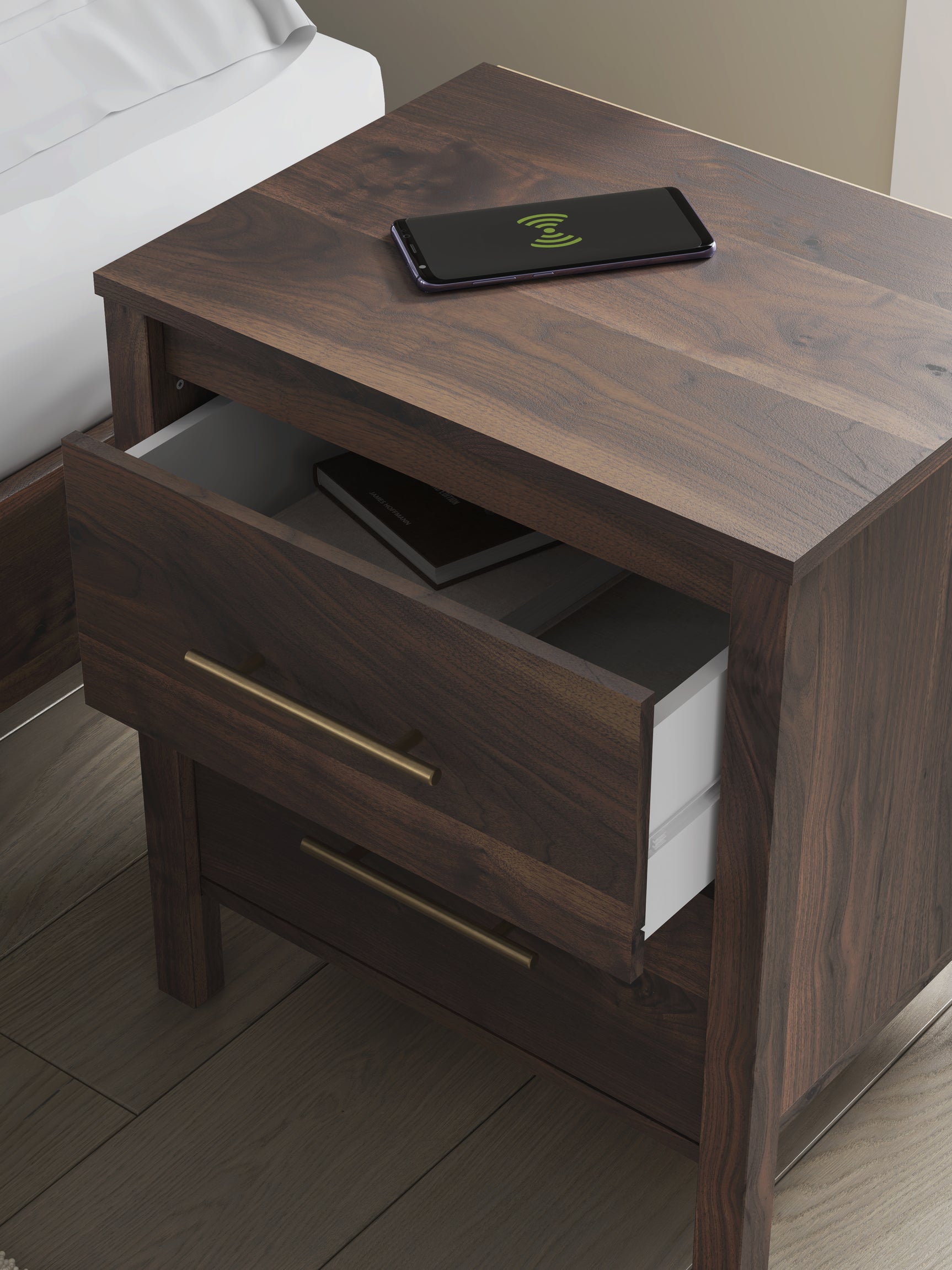 Calverson Mocha Nightstand with Open Cubby and Drawer