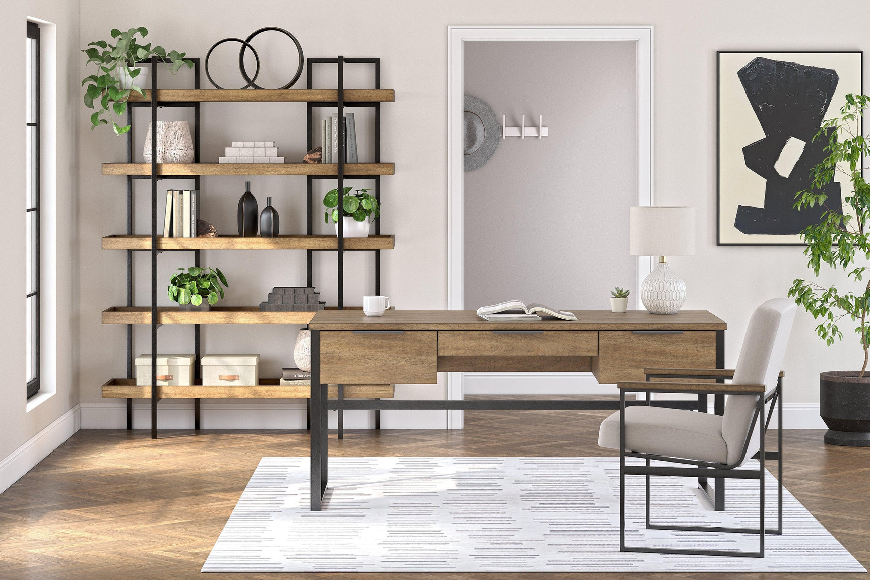 Montia Light Brown Home Office Desk with Chair and Storage