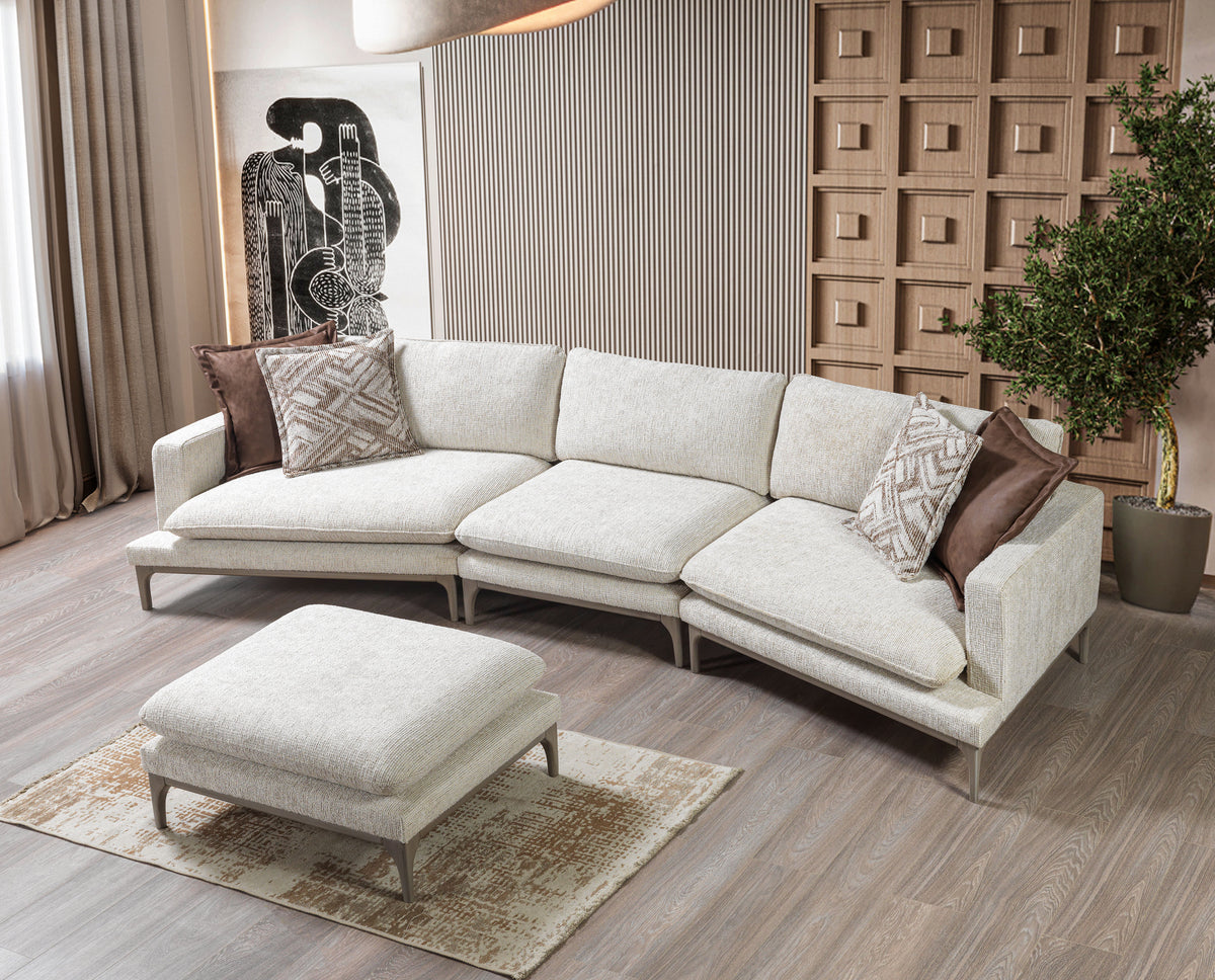 Alexis Ivory Linen 3-Piece Curved 126" Sectional with Ottoman