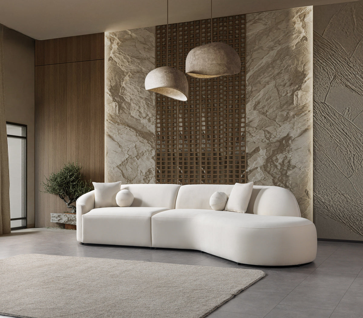 Cloe Ivory Velvet Curved 134" RAF Sectional view 4