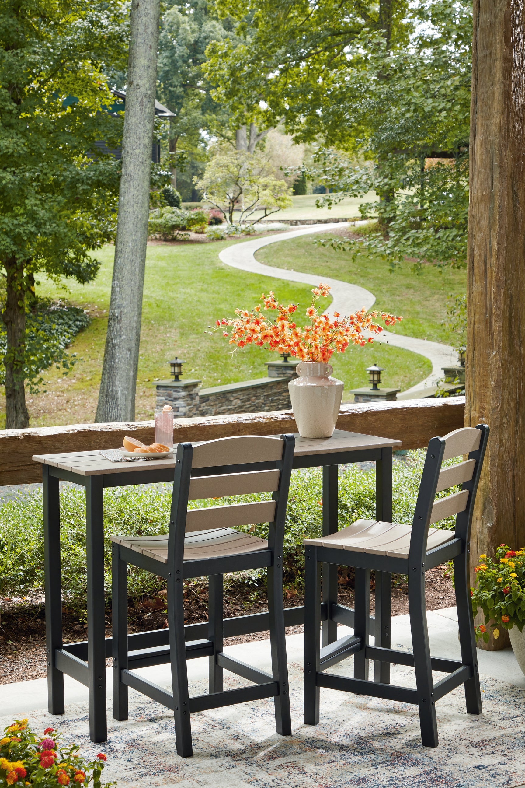 Shoreline Beach Black/Beige Outdoor Counter Table and 2 Barstools