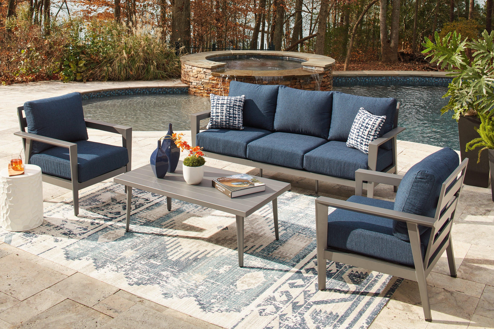 Gali Gray/Blue Outdoor Sofa/Chairs/Table Set (Set of 4)