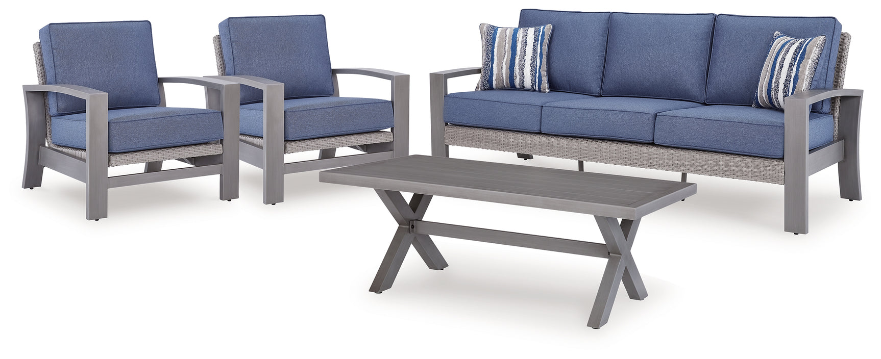Half Blue/Gray Moon Beach Outdoor Sofa and 2 Chairs with Coffee Table