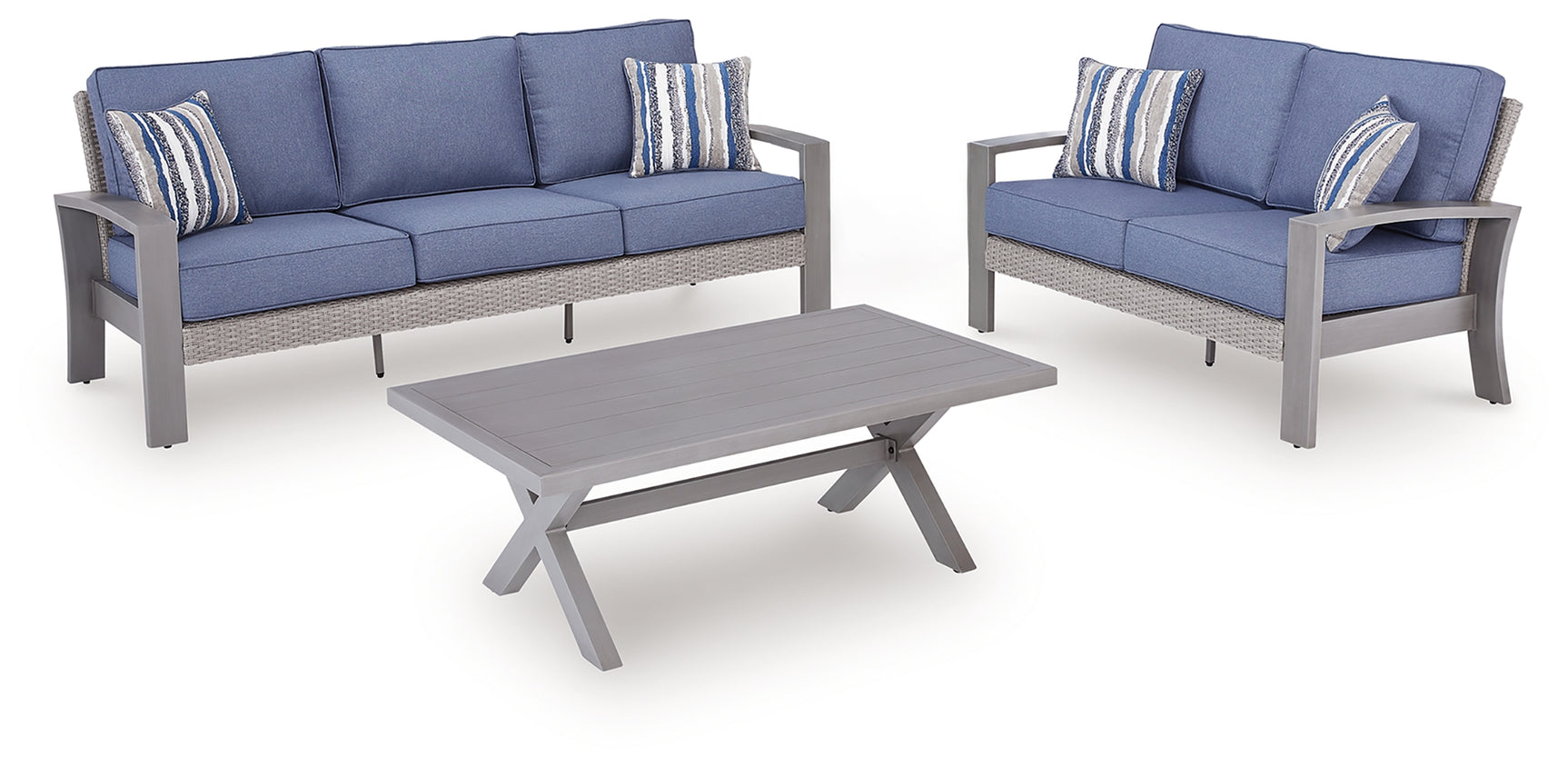 Half Blue/Gray Moon Beach Outdoor Sofa and Loveseat with Coffee Table