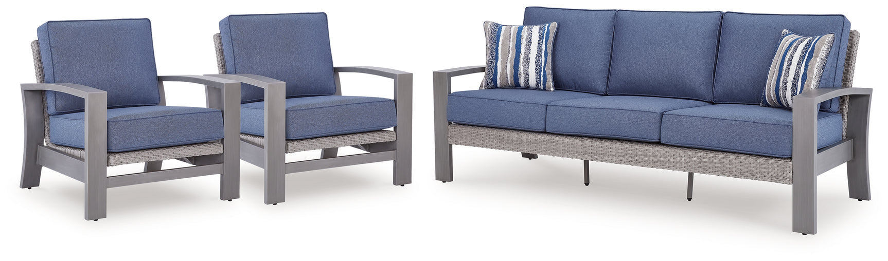 Half Blue/Gray Moon Beach Outdoor Sofa with 2 Lounge Chairs