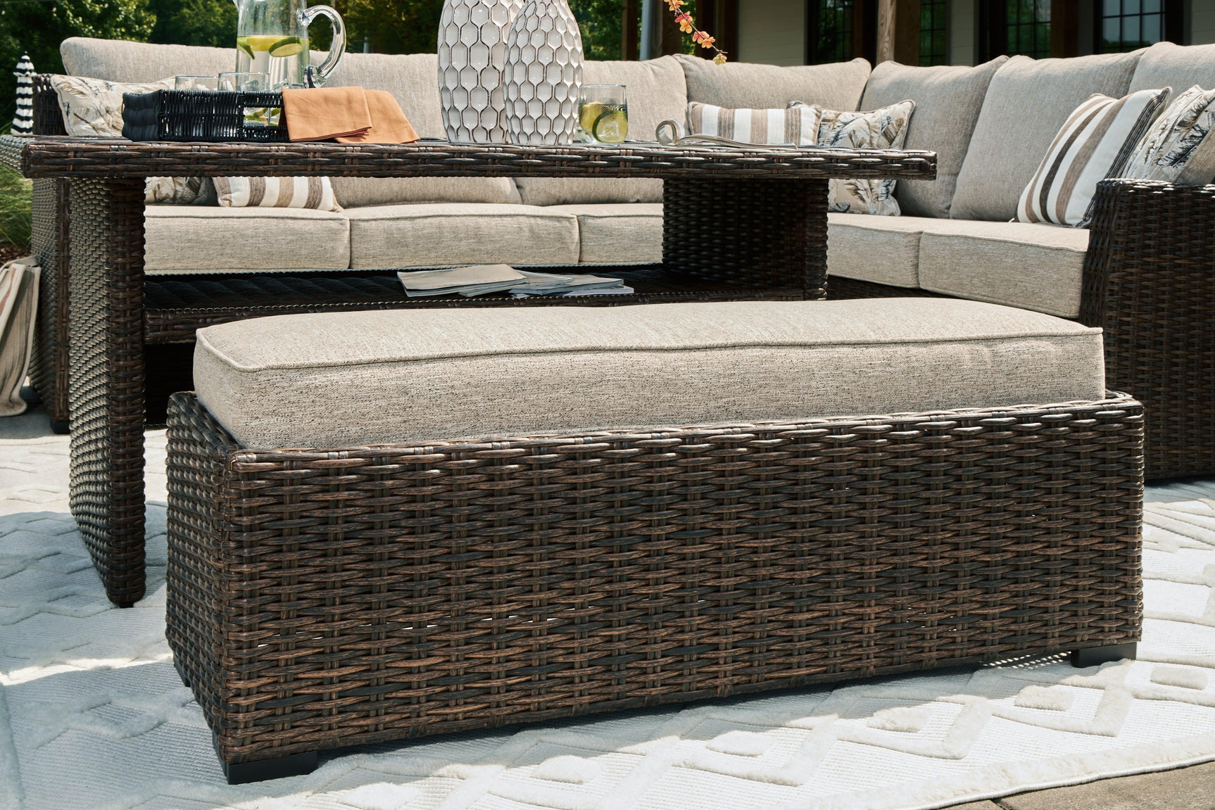 Brook Ranch Brown Outdoor Sofa Sectional and Bench Set with Cushions (3-Piece)