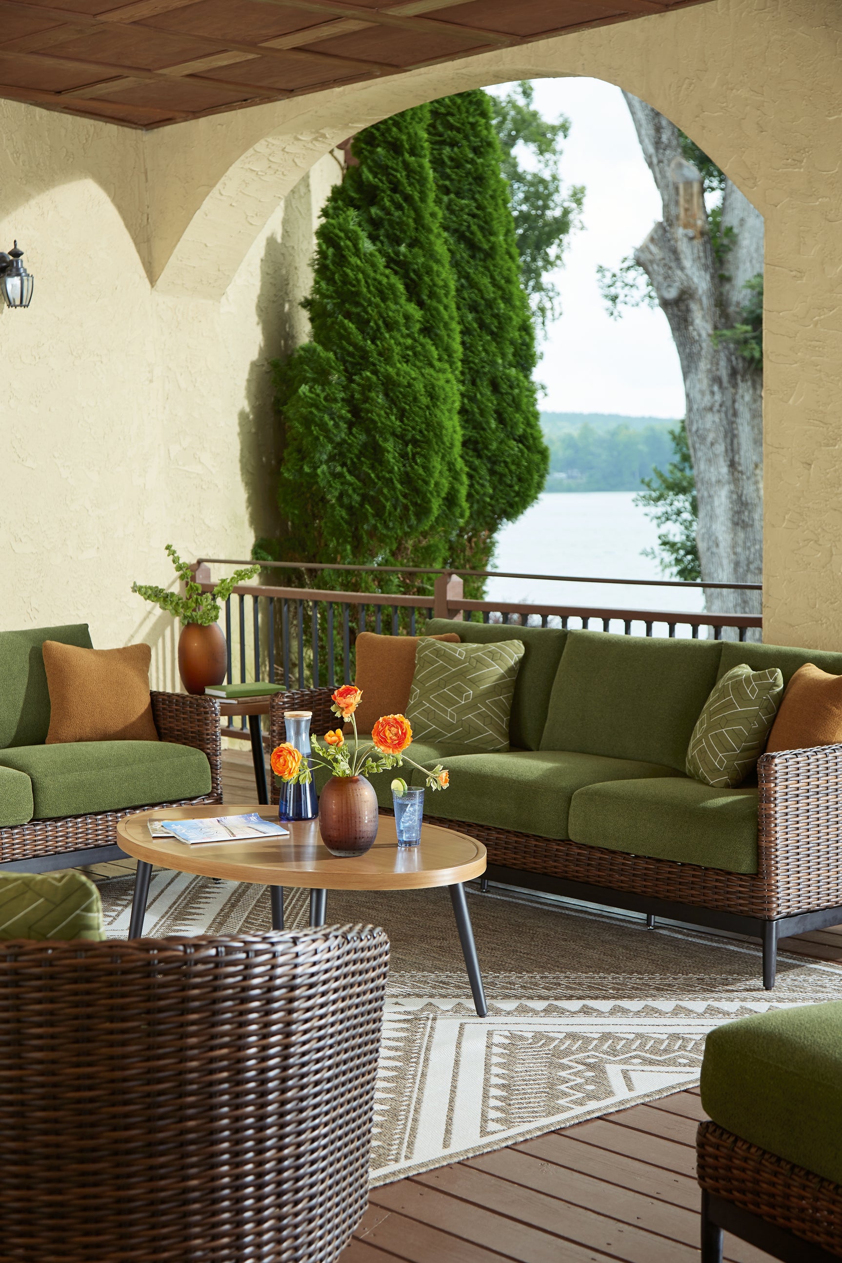 Horizon Brown/Green Hall Outdoor Sofa with 2 Lounge Chairs