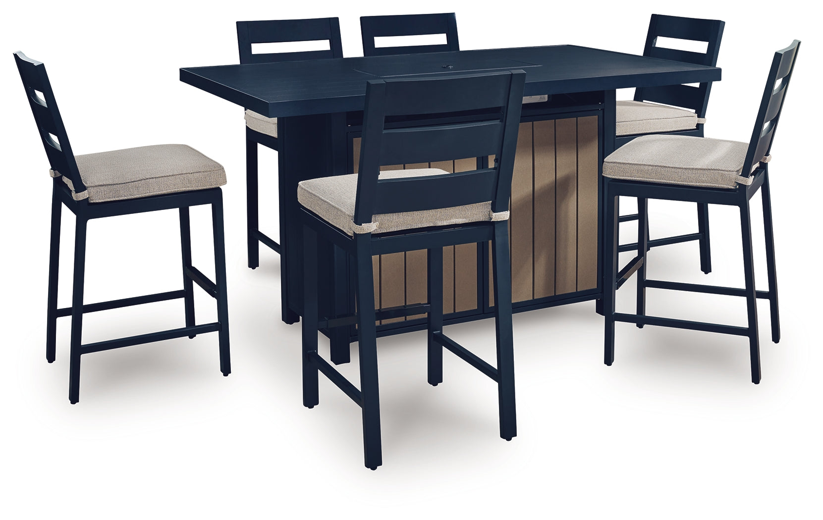 East Navy Blue/Driftwood Beach Outdoor Fire Pit Table and 6 Barstools