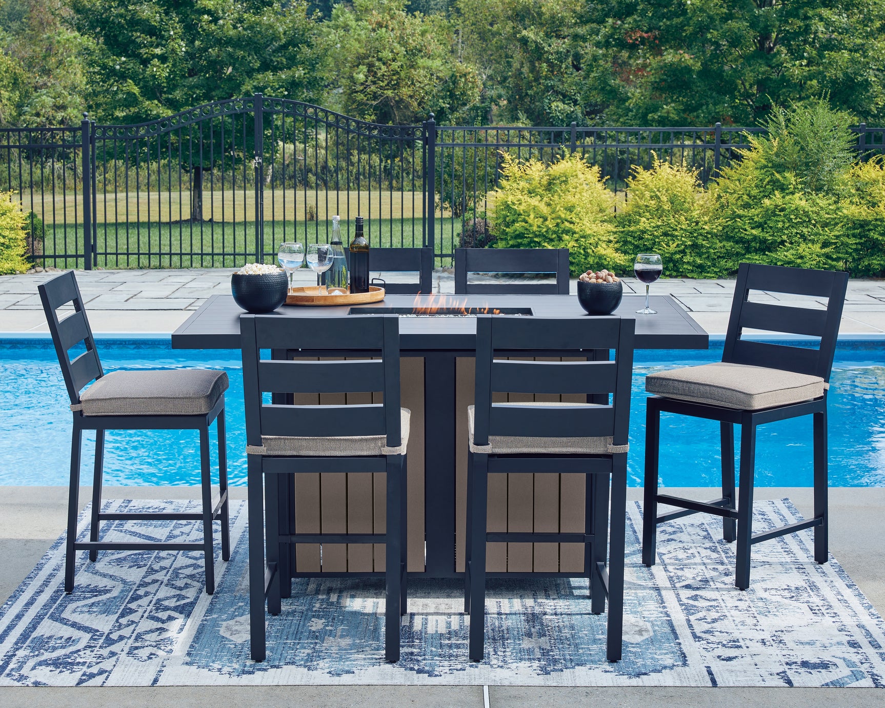 East Navy Blue/Driftwood Beach Outdoor Fire Pit Table and 6 Barstools