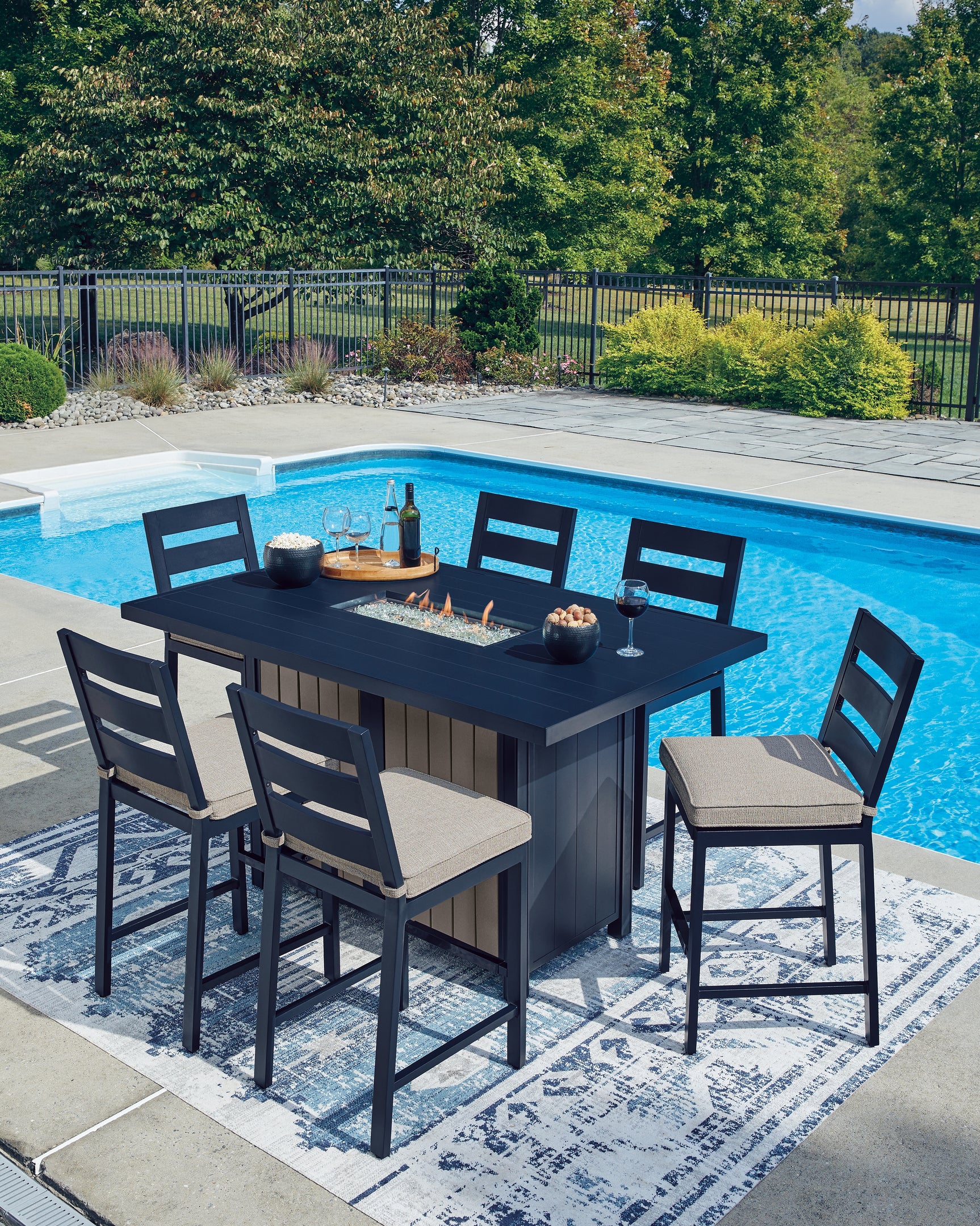East Navy Blue/Driftwood Beach Outdoor Fire Pit Table and 6 Barstools